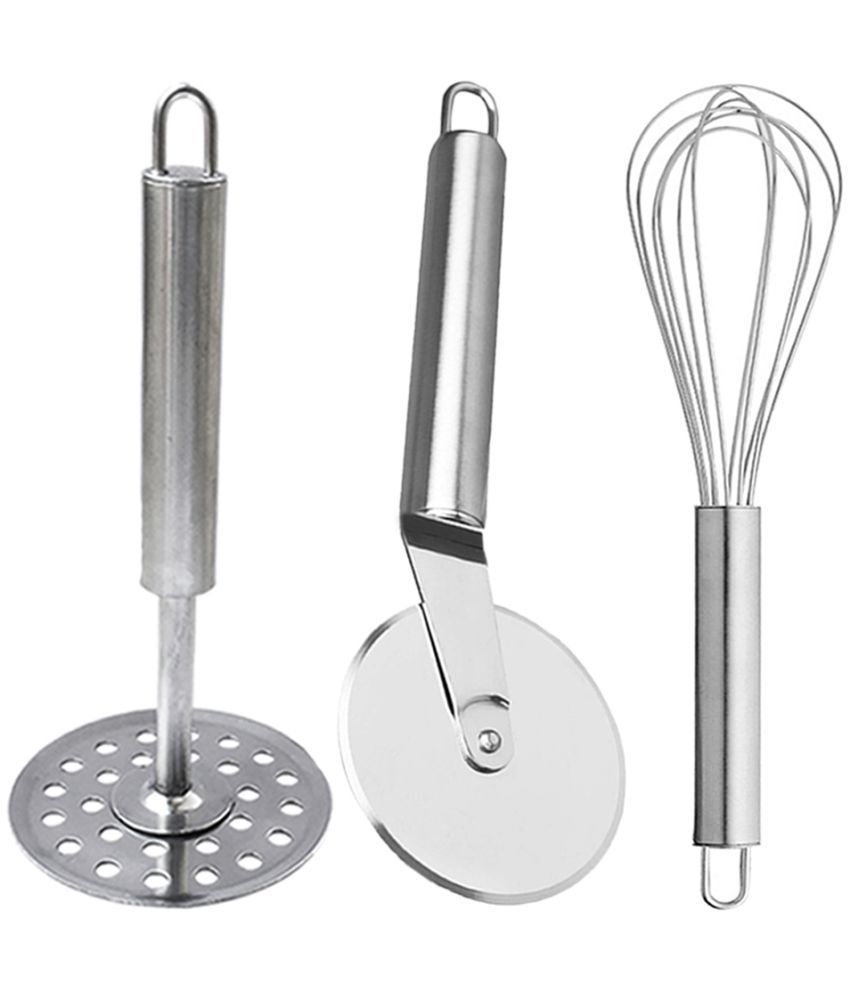     			JISUN - Silver Stainless Steel Egg Whisk & Potato Masher & Pizza Cutter ( Set of 3 )