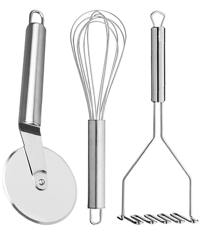     			JISUN - Silver Stainless Steel Egg Whisk & Pizza Cutter & Potato Masher ( Set of 3 )