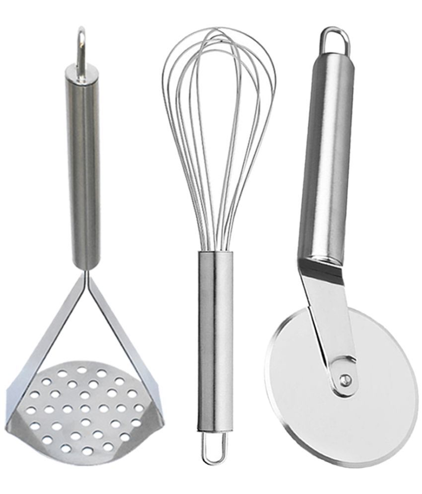     			JISUN - Silver Stainless Steel Egg Whisk & Pizza Cutter & Potato Masher ( Set of 3 )