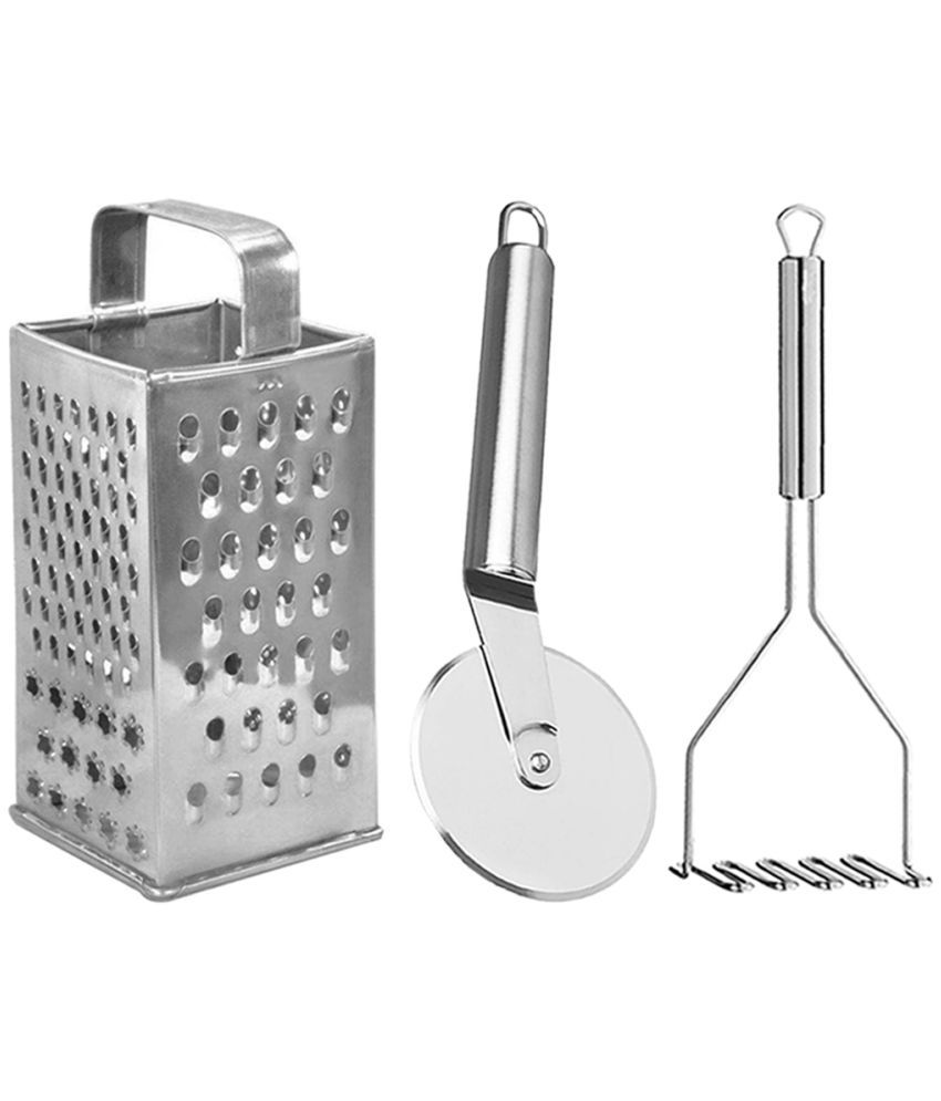     			JISUN - Silver Stainless Steel Grater-Pizza Cutter-Masher ( Set of 3 )