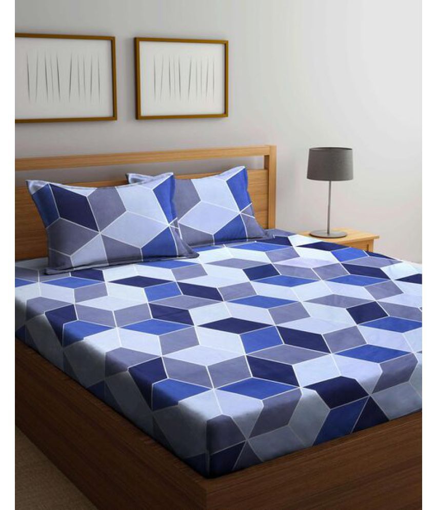     			Shaphio - Blue Poly Cotton Double Bedsheet with 2 Pillow Covers