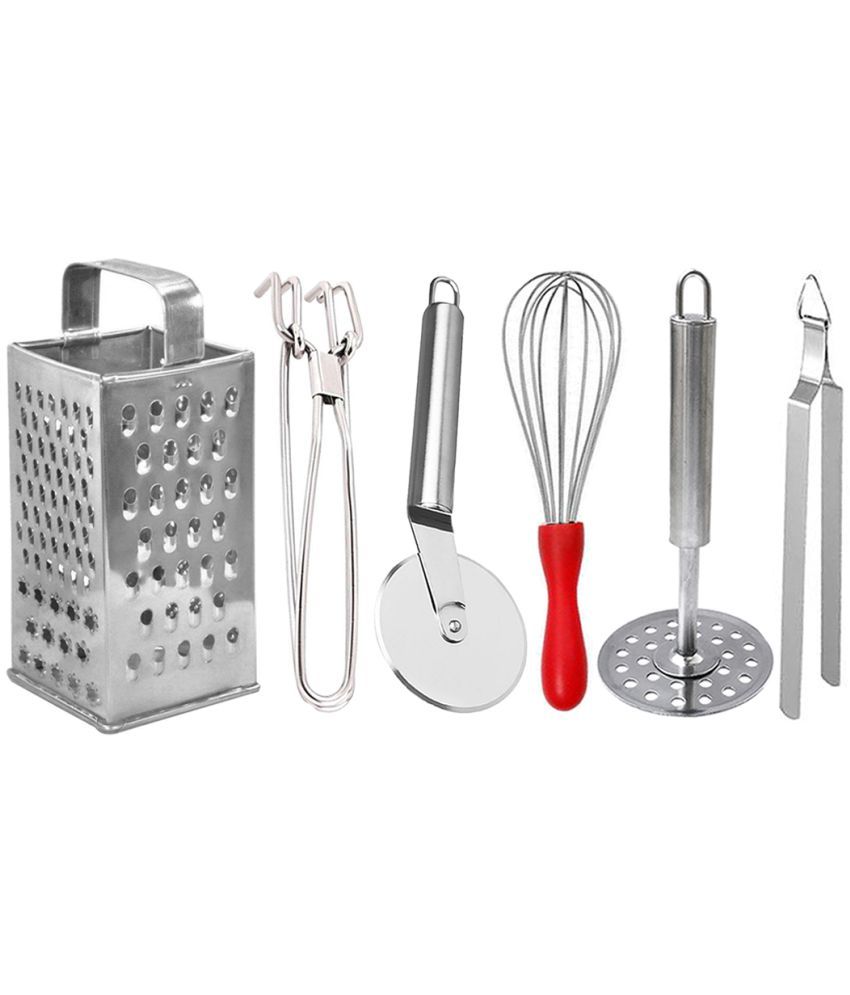     			JISUN - Silver Stainless Steel Grater-Pakkad-Pizza Cuter-Whisk-Chimta-Masher ( Set of 6 )