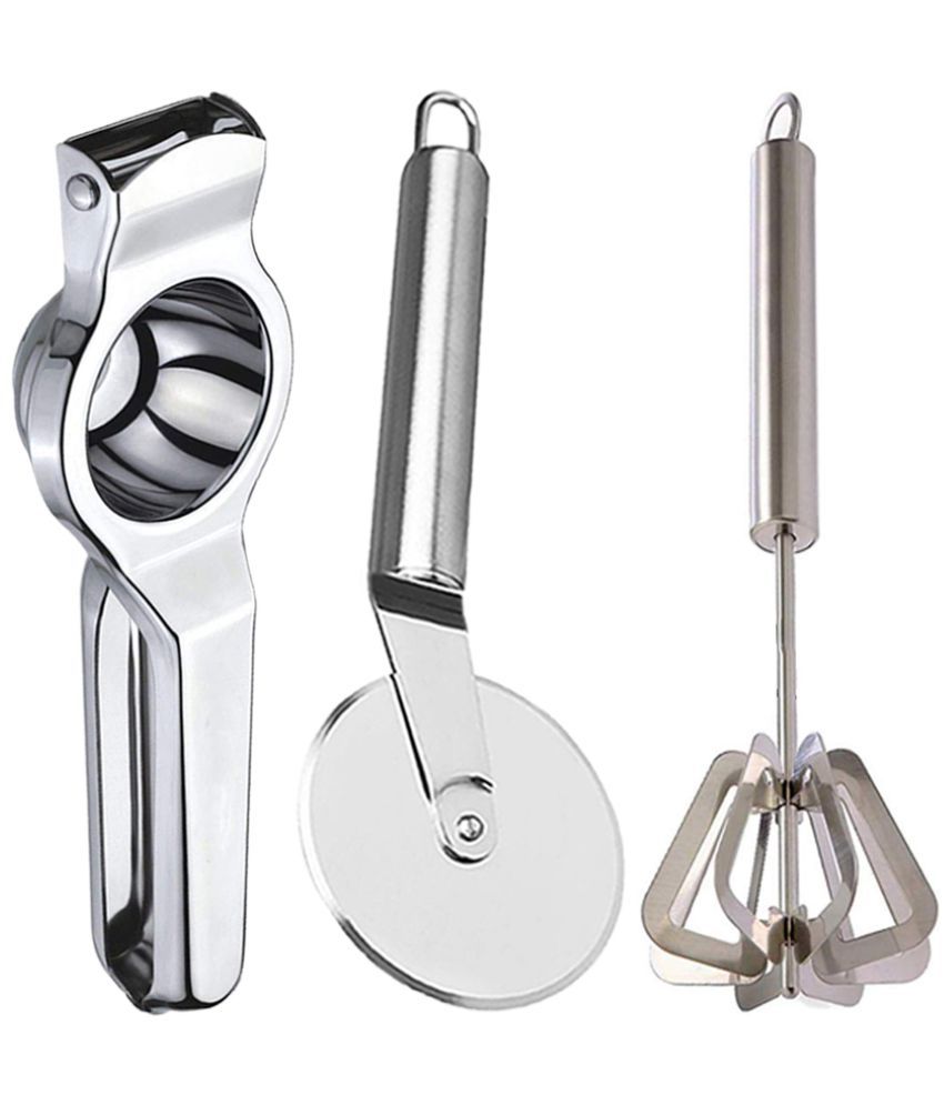     			JISUN - Silver Stainless Steel Lemon Squeezer & Pizza Cutter & Mathani ( Set of 3 )