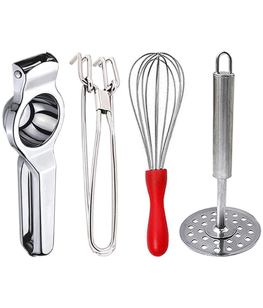     			JISUN - Silver Stainless Steel Lemon-Pakkad-Whisk-Masher ( Set of 4 )