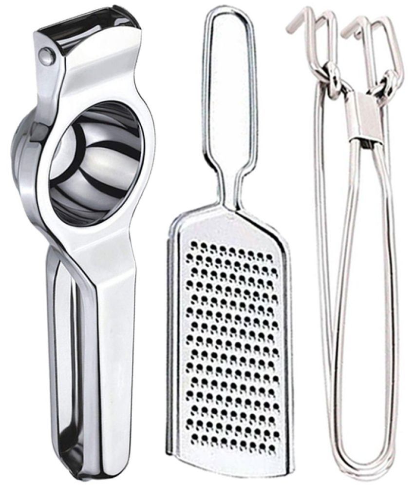     			JISUN - Silver Stainless Steel Lemon Squeezer & Cheese Grater & Pakkad ( Set of 3 )