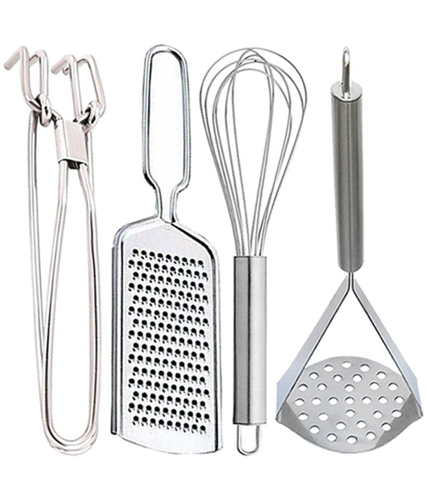     			JISUN - Silver Stainless Steel PAKKAD+WIRE GRATER+STEEL WHISK+OVAL MASHER ( Set of 4 )