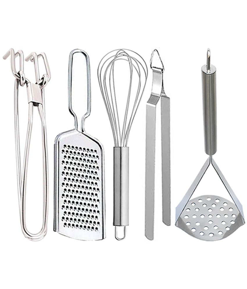     			JISUN - Silver Stainless Steel PAKKAD+WIRE GRATER+STEEL WHISK+CHIMTA+OVAL MASHER ( Set of 5 )