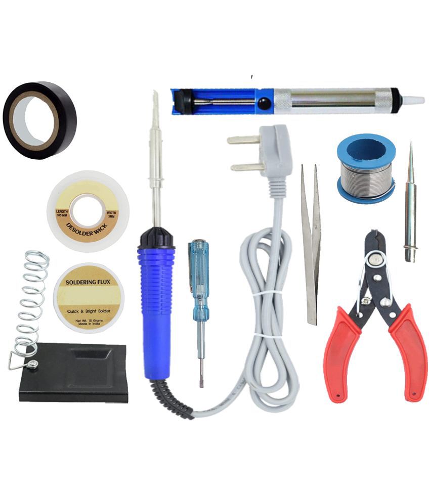     			ALDECO: ( 11 in 1 ) SOLDERING IRON 25 Watt Professional Kit - Blue iron, Wire, Flux, Wick, Stand, Desoldering Pump, Tester, Tweezer, bit, Tape, Cutter