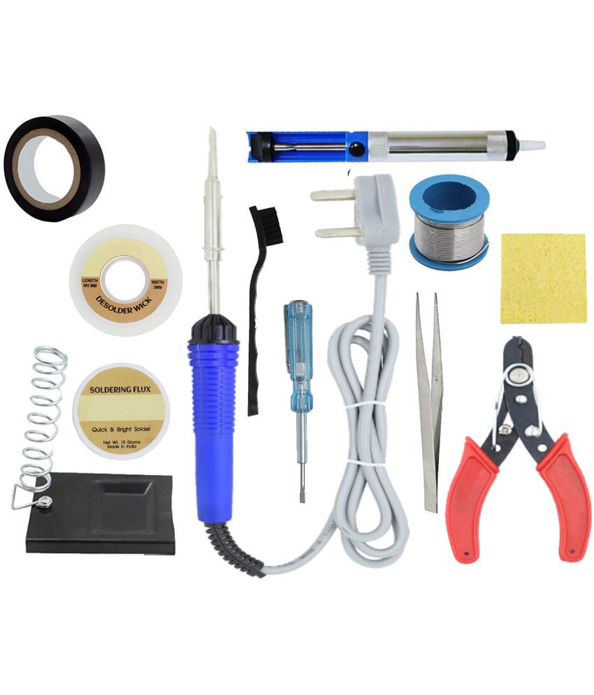     			ALDECO: ( 12 in 1 ) SOLDERING IRON 25 Watt Professional Kit - Blue Iron , Wire, Flux, Wick, Stand, Cutter, Sponge, Tester, Tweezer, Desoldering Pump, Brush, Tape