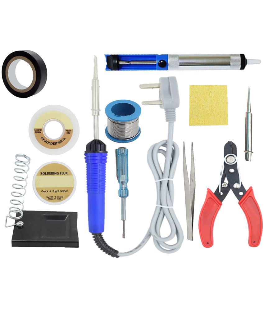     			ALDECO: ( 12 in 1 ) Soldering Iron Kit contains- Blue Iron, Wire, Flux, Wick, Stand, Tweezer, Tester, Tape, Desoldering Pump, Bit, Sponge, Cutter