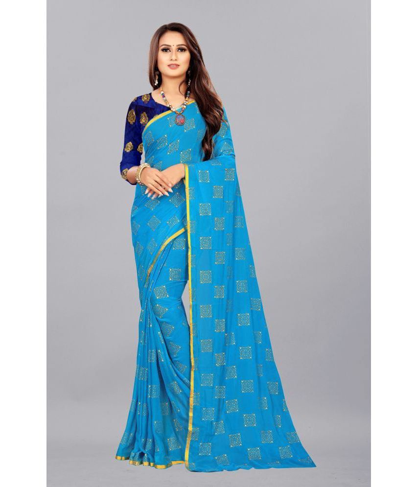     			Rhey - SkyBlue Chiffon Saree With Blouse Piece ( Pack of 1 )