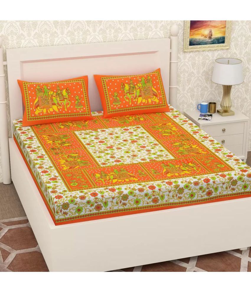     			FrionKandy Living - Orange Cotton Double Bedsheet with 2 Pillow Covers