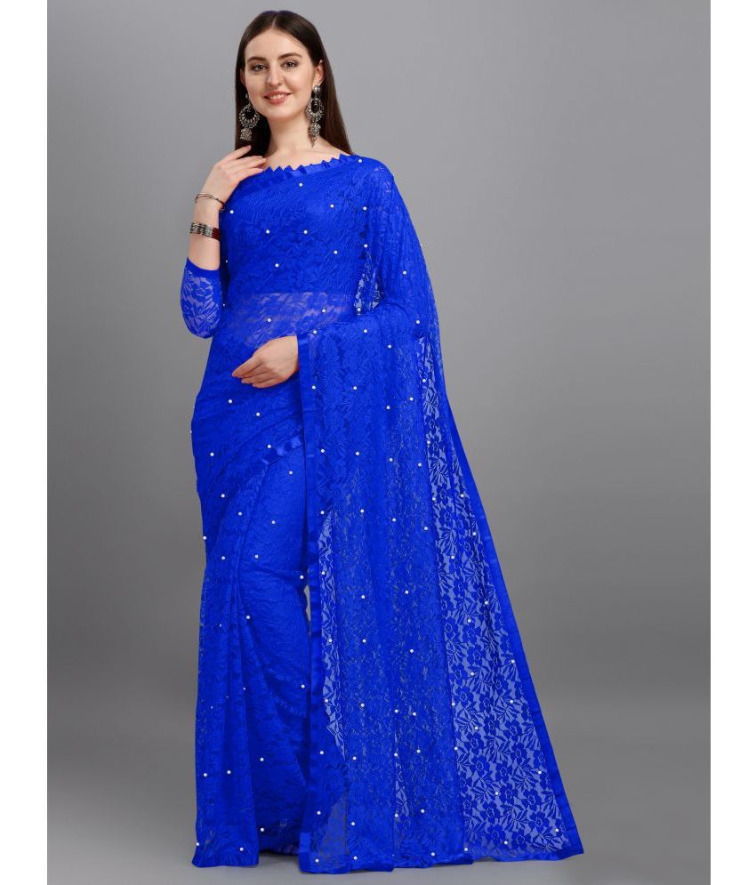     			Indy Bliss - Blue Net Saree With Blouse Piece ( Pack of 1 )