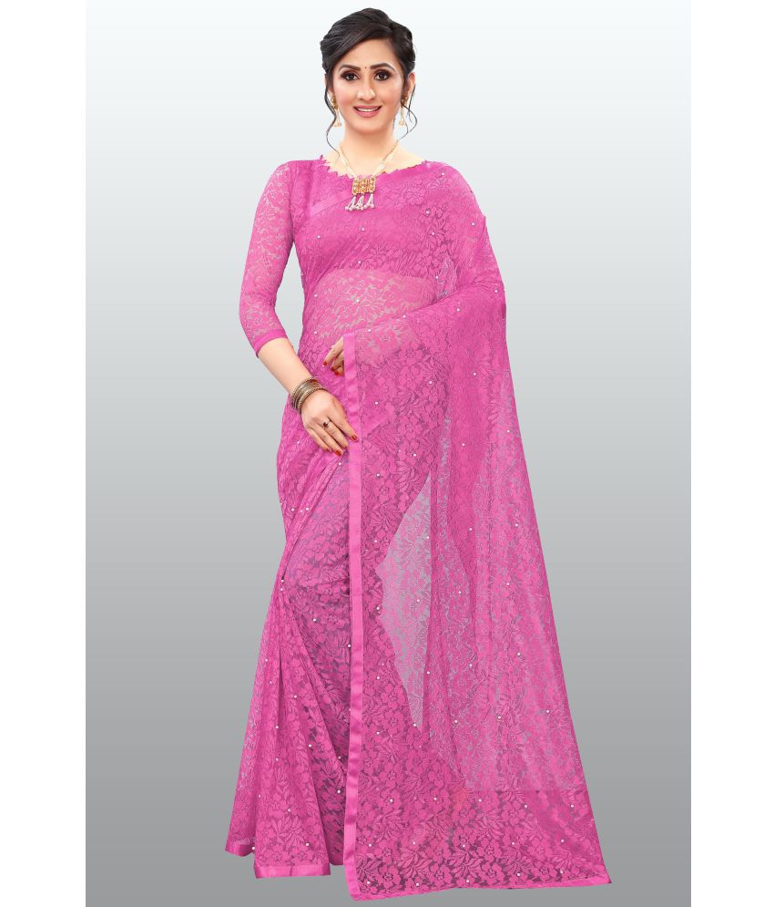     			Indy Bliss - Fluorescent Pink Net Saree With Blouse Piece ( Pack of 1 )