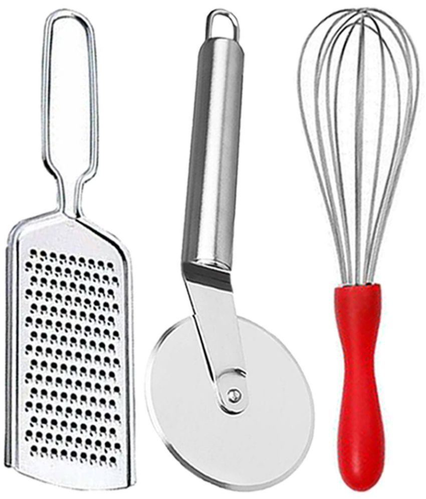     			JISUN - Silver Stainless Steel WIRE GRATER+PIZZA CUTTER+RED WHISK ( Set of 3 )