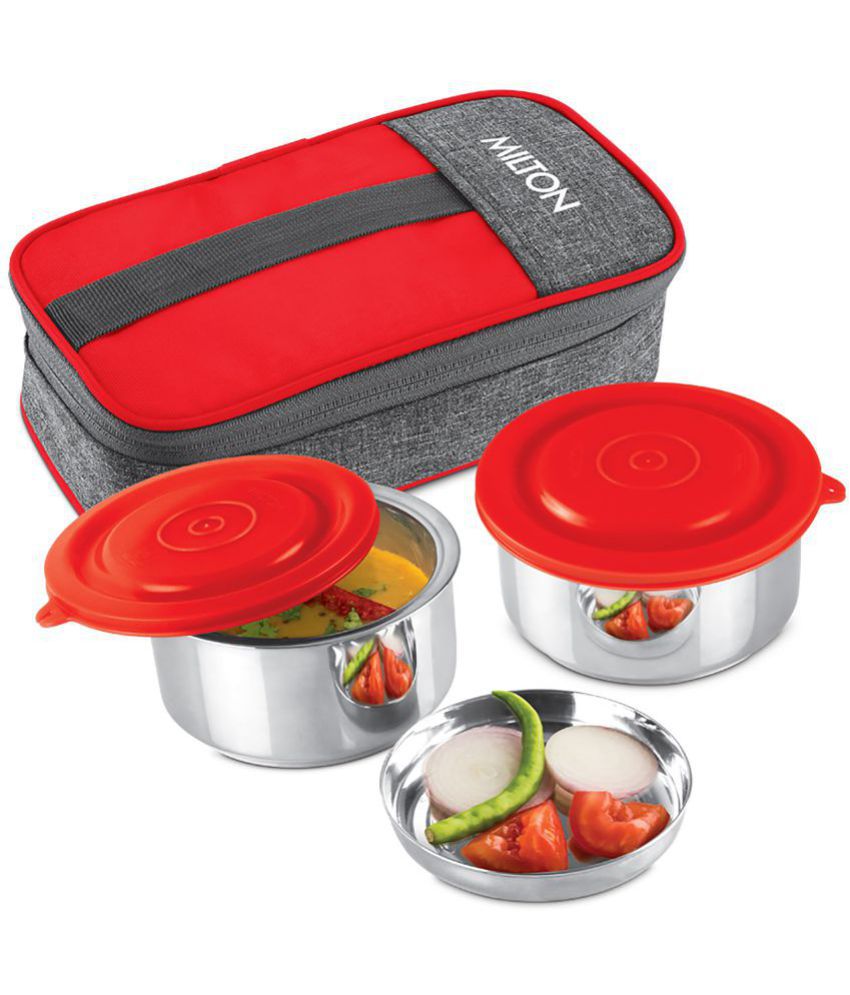     			Milton Pasto Lunch Box 2 Double Wall Stainless Steel Containers  350ml & Denim Insulated Jacket Red