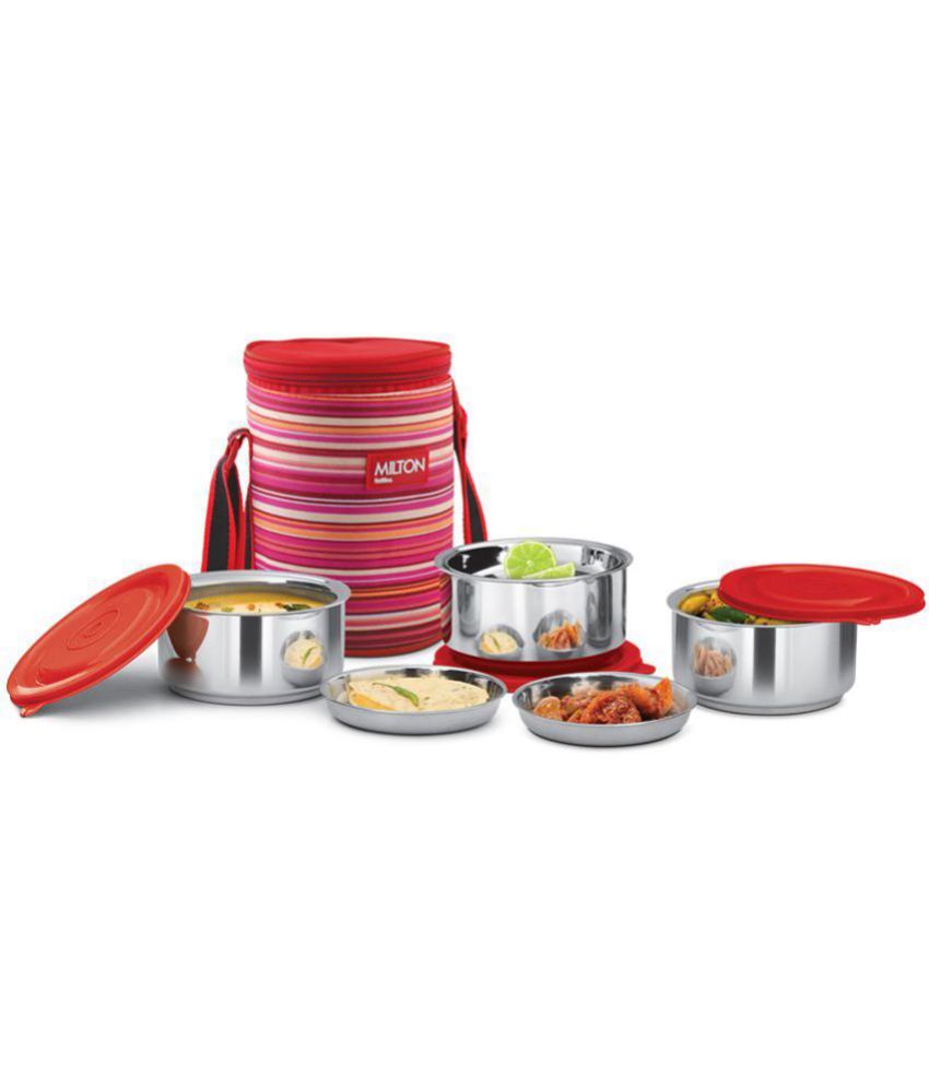     			Milton Ribbon 3 Stainless Steel Lunch Box with Jackets, Set of 3, Red