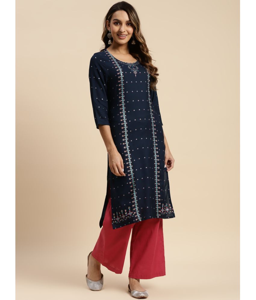     			Rangita Women Rayon Blue Glitter Printed Calf Length Straight Kurti