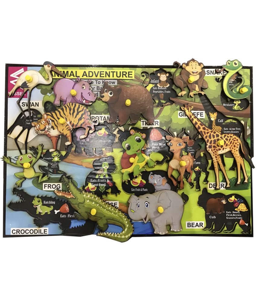     			WISSEN Wooden Animal Adventure-Animals, Food and their babies learning puzzle for kids 2years & Above