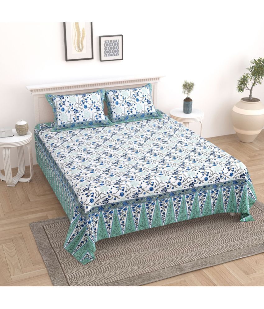     			Uniqchoice Cotton Floral Printed Double Bedsheet with 2 Pillow Covers - Blue