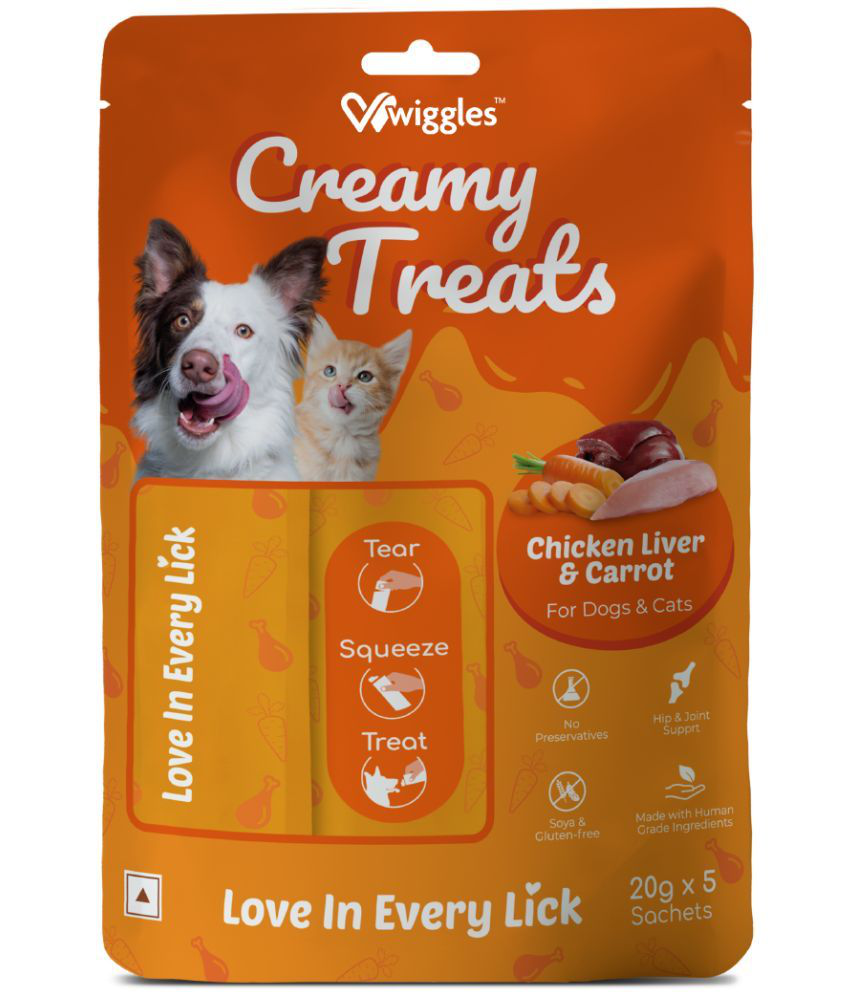     			Wiggles Creamy Treats for Dogs & Cats, 20g x 5 - Wet Lickable Training Treats Adult Puppies, Kitten (Chicken Liver & Carrot)