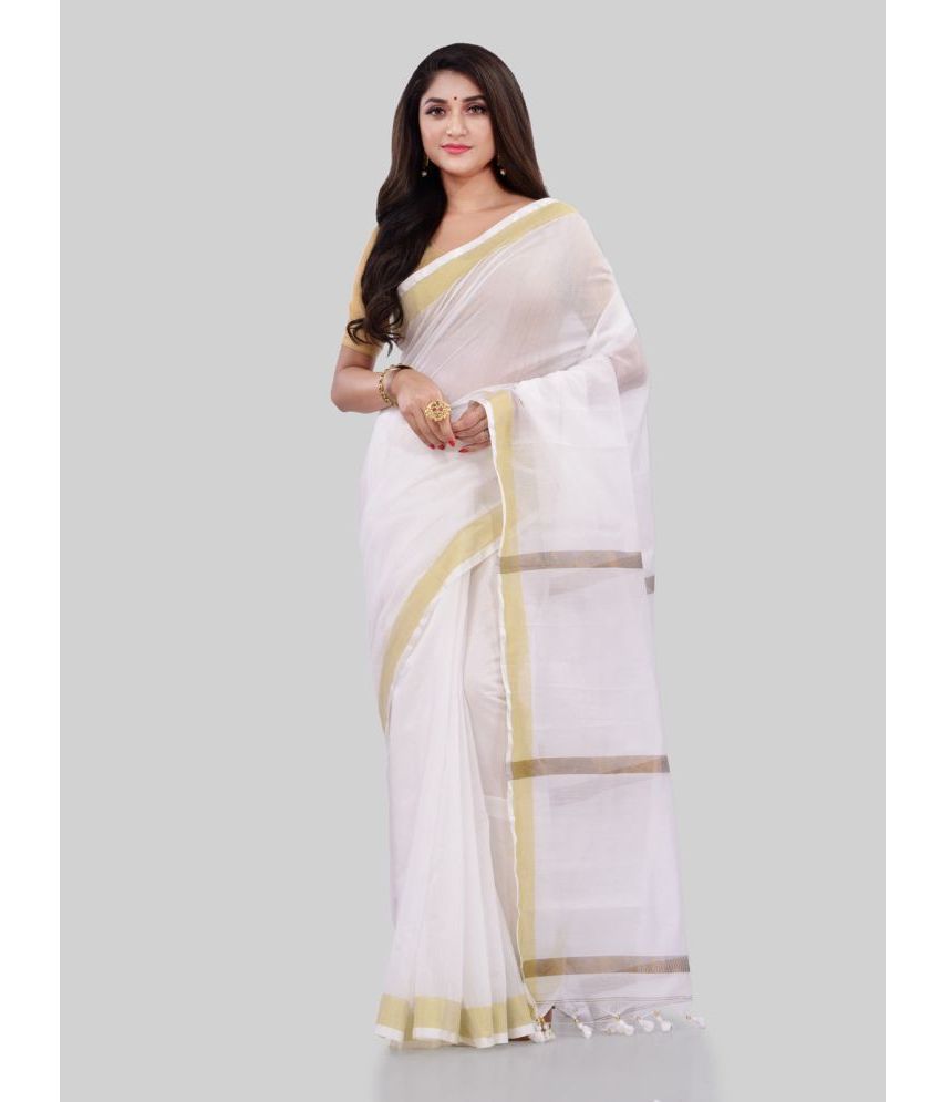     			Desh Bidesh - White Cotton Saree With Blouse Piece ( Pack of 1 )