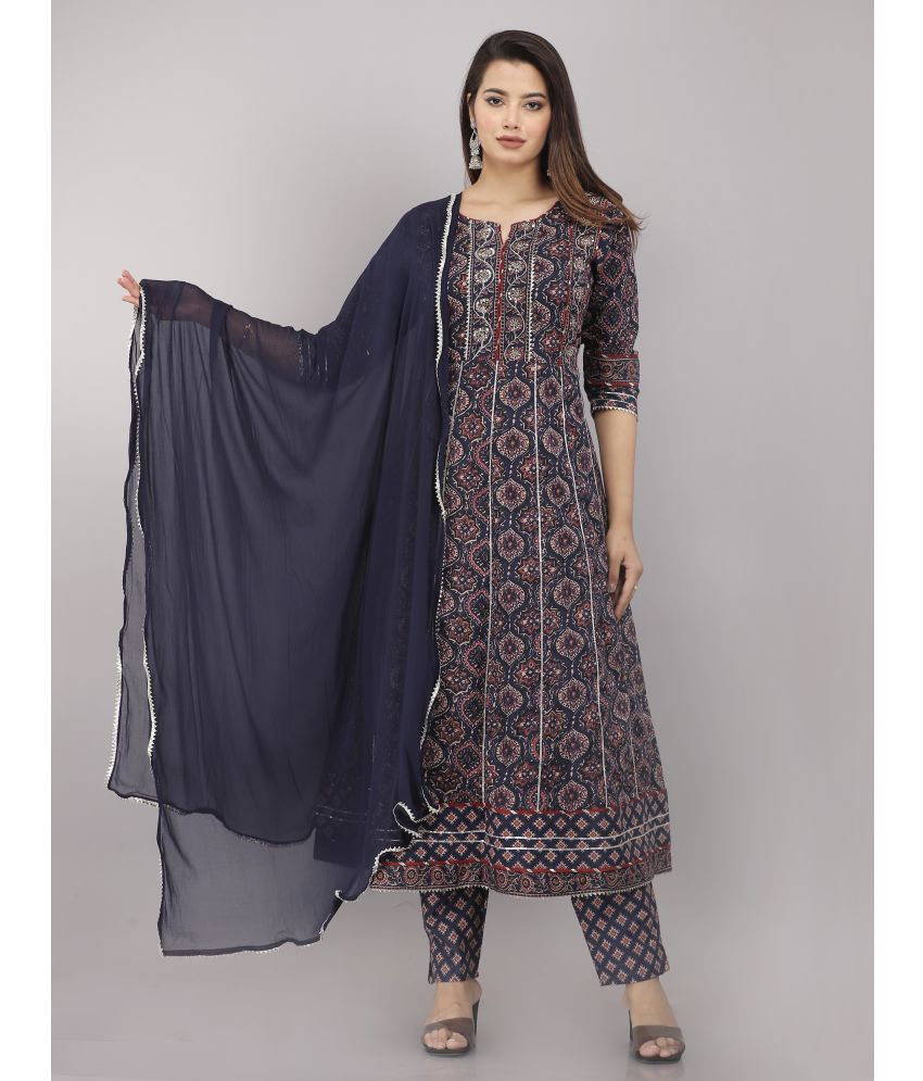     			HIGHLIGHT FASHION EXPORT - Navy Anarkali Cotton Blend Women's Stitched Salwar Suit ( Pack of 1 )