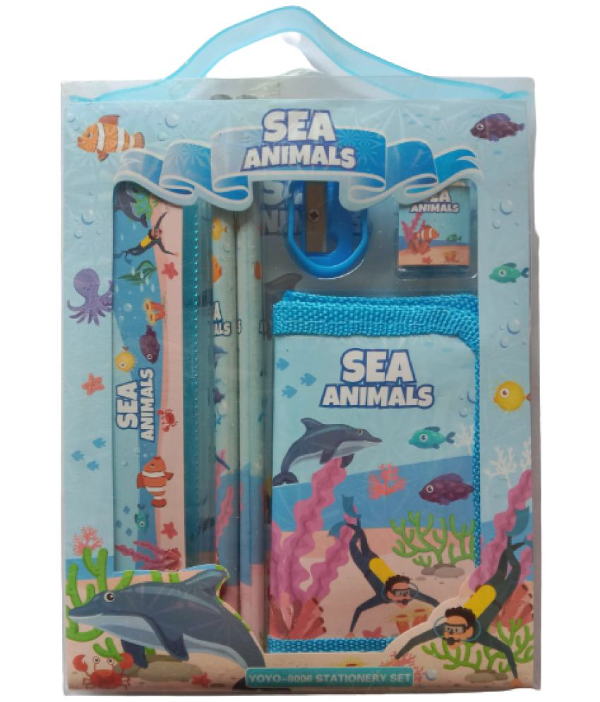     			2333 YESKART -6PC   BLUE SEA ANIMAL STATIONERY SET( PACK OF 1) The set includes  two pencils, 1eraser, 1 sharpener , 1 WALLET. and a Scale  all printed with your favourite characters. Just unpackaged your stationery set, &  Start home work