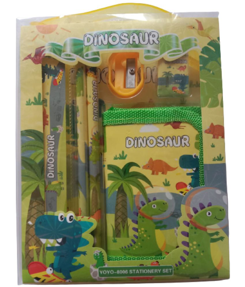     			2333 YESKART -6PC  GREEN DINOSAUR  STATIONERY SET( PACK OF 1) The set includes  two pencils, 1eraser, 1 sharpener , 1 WALLET. and a Scale  all printed with your favourite characters. Just unpackaged your stationery set, &  Start home work