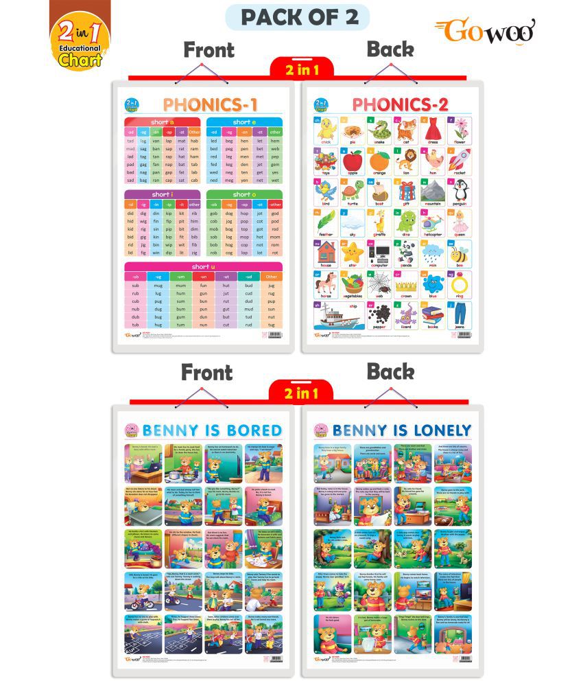     			Set of 2 |2 IN 1 PHONICS 1 AND PHONICS 2 and 2 IN 1 BENNY IS BORED AND BENNY IS LONELY  Early Learning Educational Charts for Kids |