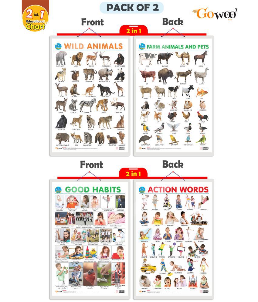     			Set of 2 |2 IN 1 WILD AND FARM ANIMALS & PETS and 2 IN 1 GOOD HABITS AND ACTION WORDS Early Learning Educational Charts for Kids