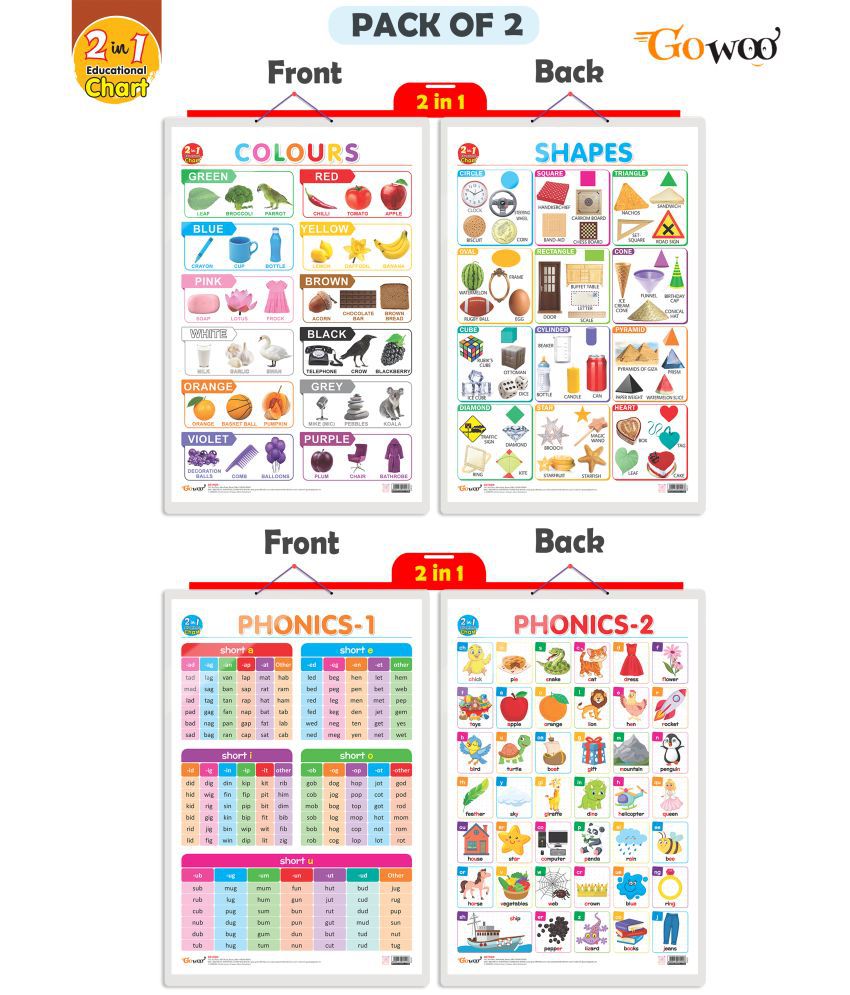     			Set of 2 | 2 IN 1 COLOURS AND SHAPES and 2 IN 1 PHONICS 1 AND PHONICS 2 Early Learning Educational Charts for Kids | 20"X30" inch |Non-Tearable and Waterproof | Double Sided Laminated | Perfect for Homeschooling, Kindergarten and Nursery Students