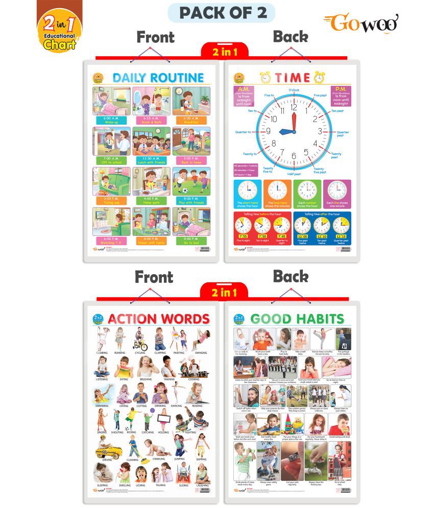     			Set of 2 | 2 IN 1 DAILY ROUTINE AND TIME and 2 IN 1 GOOD HABITS AND ACTION WORDS Early Learning Educational Charts for Kids | 20"X30" inch |Non-Tearable and Waterproof | Double Sided Laminated | Perfect for Homeschooling, Kindergarten and Nursery Students