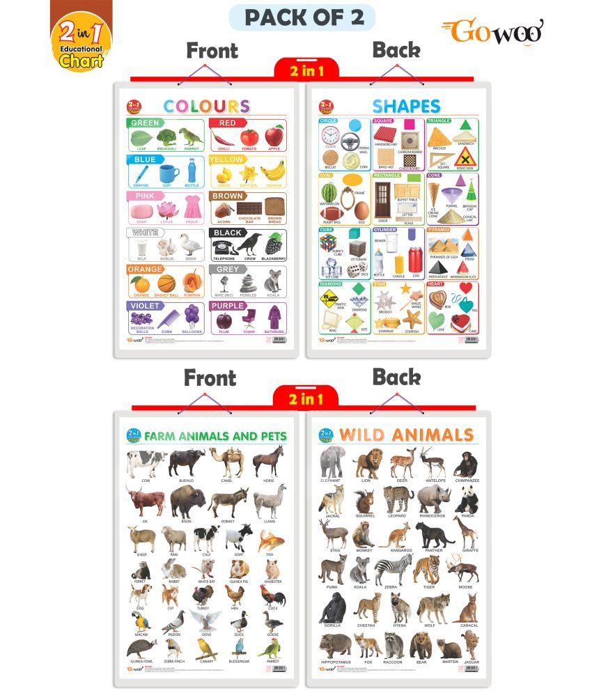     			Set of 2 | 2 IN 1 COLOURS AND SHAPES and 2 IN 1 WILD AND FARM ANIMALS & PETS Early Learning Educational Charts for Kids | 20"X30" inch |Non-Tearable and Waterproof | Double Sided Laminated | Perfect for Homeschooling, Kindergarten and Nursery Students