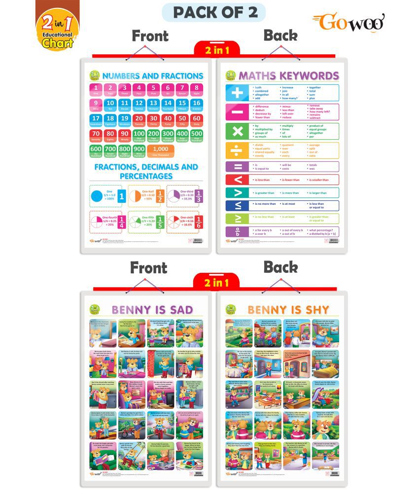     			Set of 2 | 2 IN 1 NUMBER & FRACTIONS AND MATHS KEYWORDS and 2 IN 1 BENNY IS SAD AND BENNY IS SHY Early Learning Educational Charts for Kids