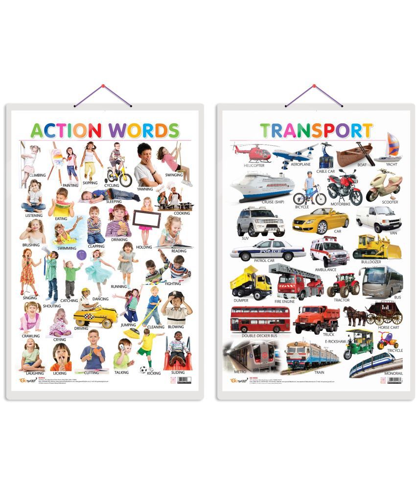     			Set of 2 Action Words and Transport Early Learning Educational Charts for Kids | 20"X30" inch |Non-Tearable and Waterproof | Double Sided Laminated | Perfect for Homeschooling, Kindergarten and Nursery Students