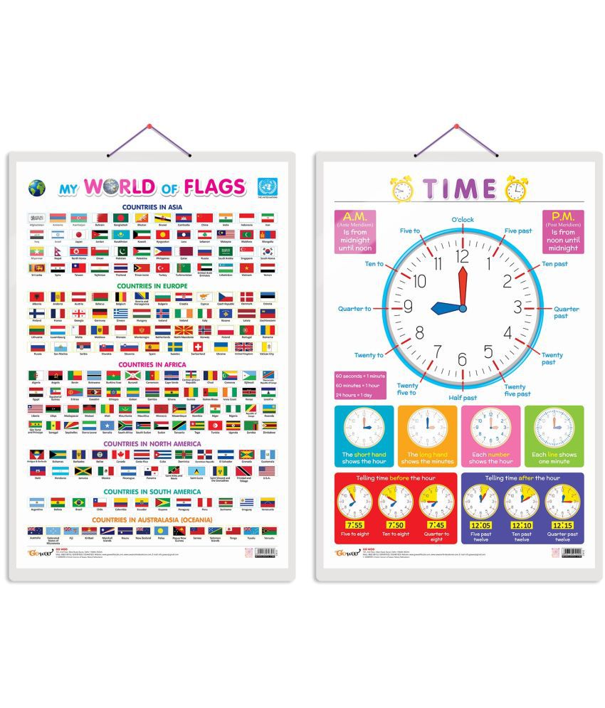     			Set of 2 My World of Flags and TIME Early Learning Educational Charts for Kids | 20"X30" inch |Non-Tearable and Waterproof | Double Sided Laminated | Perfect for Homeschooling, Kindergarten and Nursery Students