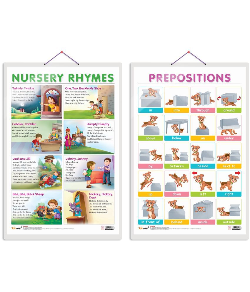     			Set of 2 NURSERY RHYMES and PREPOSITIONS Early Learning Educational Charts for Kids | 20"X30" inch |Non-Tearable and Waterproof | Double Sided Laminated | Perfect for Homeschooling, Kindergarten and Nursery Students