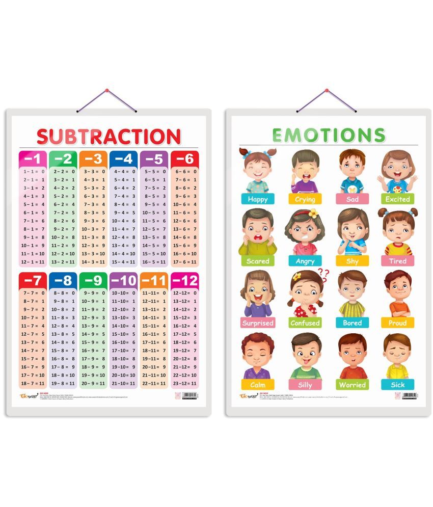     			Set of 2 SUBTRACTION and EMOTIONS Early Learning Educational Charts for Kids