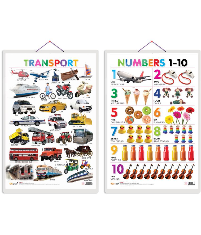     			Set of 2 Transport and Numbers 1-10 Early Learning Educational Charts for Kids | 20"X30" inch |Non-Tearable and Waterproof | Double Sided Laminated | Perfect for Homeschooling, Kindergarten and Nursery Students