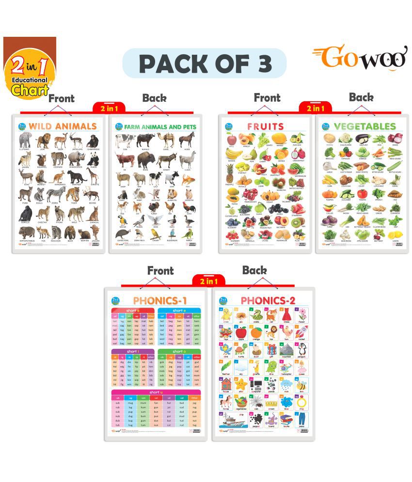     			Set of 3 |2 IN 1 FRUITS AND VEGETABLES, 2 IN 1 WILD AND FARM ANIMALS & PETS and 2 IN 1 PHONICS 1 AND PHONICS 2 Early Learning Educational Charts for Kids