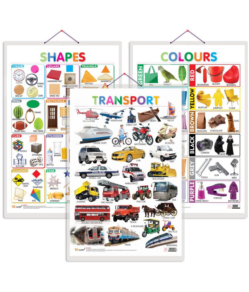     			Set of 3 Colours, Shapes and Transport Early Learning Educational Charts for Kids | 20"X30" inch |Non-Tearable and Waterproof | Double Sided Laminated | Perfect for Homeschooling, Kindergarten and Nursery Students