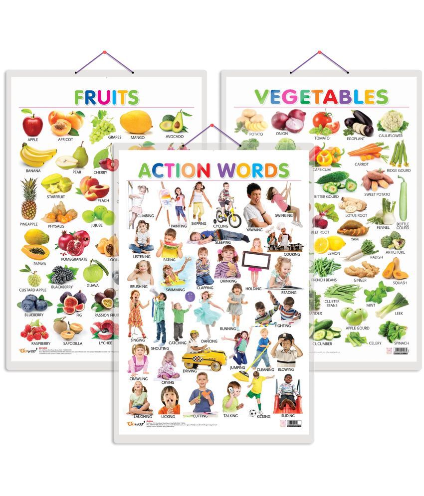     			Set of 3 Fruits, Vegetables and Action Words Early Learning Educational Charts for Kids | 20"X30" inch |Non-Tearable and Waterproof | Double Sided Laminated | Perfect for Homeschooling, Kindergarten and Nursery Students