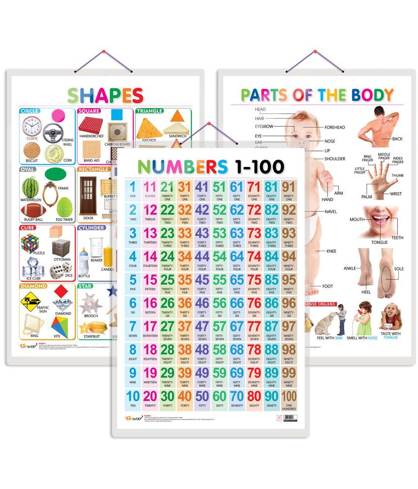     			Set of 3 Shapes, Parts of the Body and Numbers 1-100 Chart for Kids | 20"X30" inch |Non-Tearable and Waterproof | Double Sided Laminated | Perfect for Homeschooling, Kindergarten and Nursery Students
