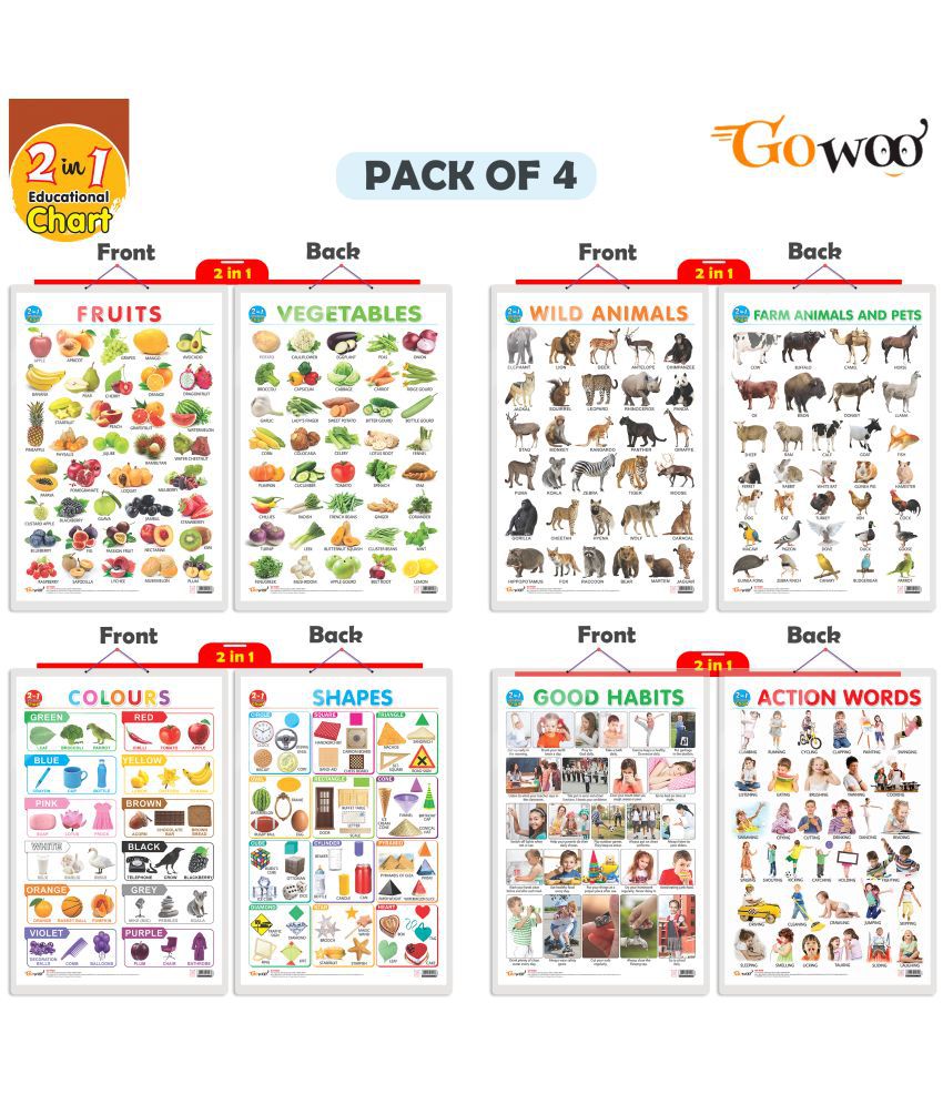     			Set of 4 |  2 IN 1 COLOURS AND SHAPES, 2 IN 1 FRUITS AND VEGETABLES, 2 IN 1 WILD AND FARM ANIMALS & PETS and 2 IN 1 GOOD HABITS AND ACTION WORDS Early Learning Educational Charts for Kids
