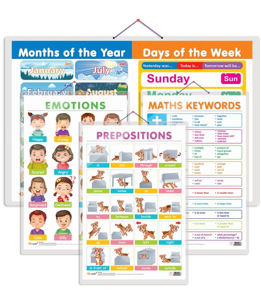     			Set of 4 MATHS KEYWORDS, MONTHS OF THE YEAR AND DAYS OF THE WEEK, EMOTIONS and PREPOSITIONS Early Learning Educational Charts for Kids