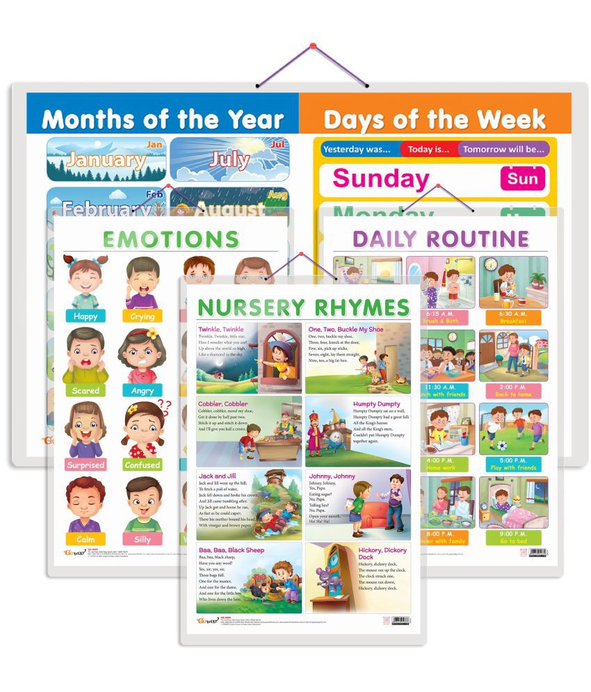     			Set of 4 MONTHS OF THE YEAR AND DAYS OF THE WEEK, EMOTIONS, DAILY ROUTINE and NURSERY RHYMES Early Learning Educational Charts for Kids