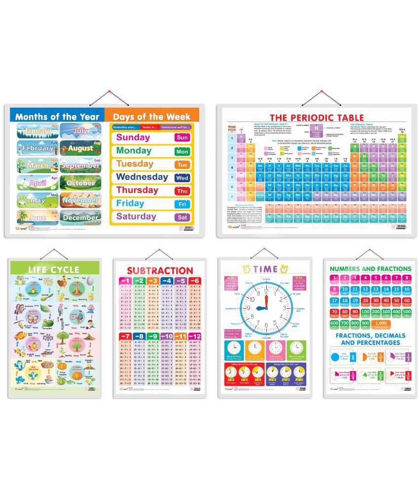    			Set of 6 Periodic Table, Life Cycle, TIME, SUBTRACTION, NUMBERS AND FRACTIONS and MONTHS OF THE YEAR AND DAYS OF THE WEEK Early Learning Educational Charts for Kids