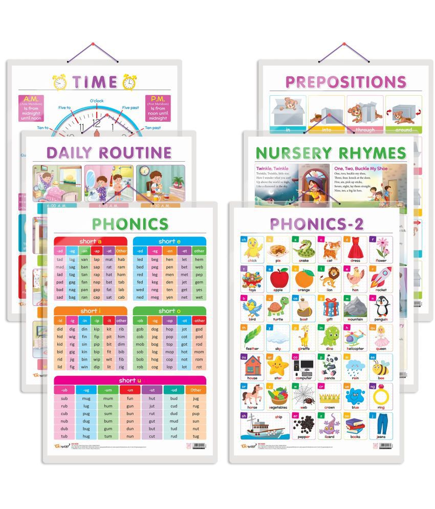     			Set of 6 TIME, DAILY ROUTINE, NURSERY RHYMES, PREPOSITIONS, PHONICS - 1 and PHONICS - 2 Early Learning Educational Charts for Kids