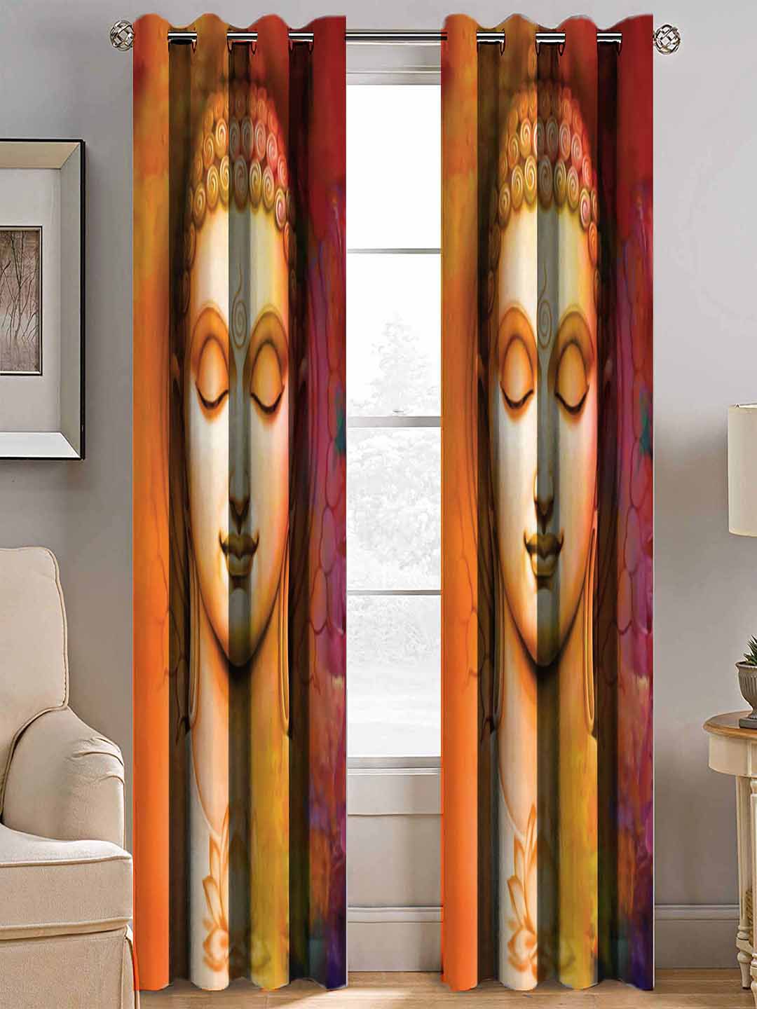     			HOMETALES - Set of 2 Window Digital Printed Eyelet Polyester Multi Color Curtains ( 151 x 113 cm )